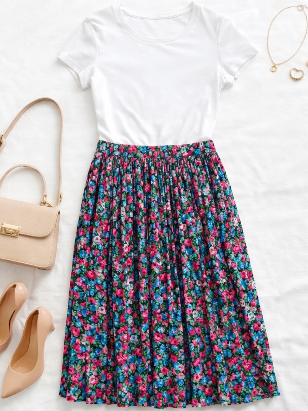 Suzy Shier Floral Pleated Midi Skirt in Green, Pink and Blue size L brand new
